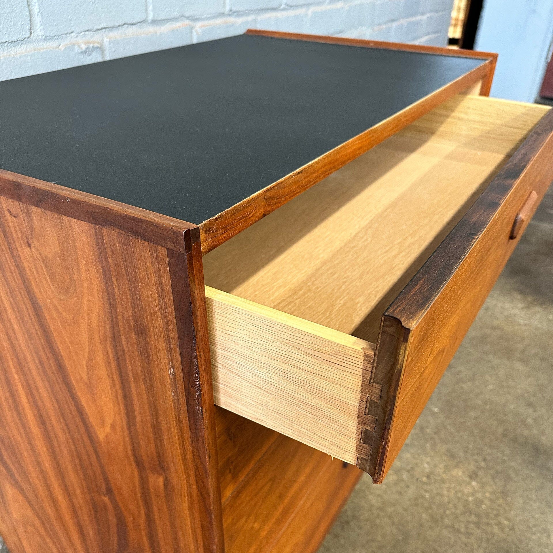 Walnut Bachelor's Chest with Black Leatherette Top Dressers Lane 